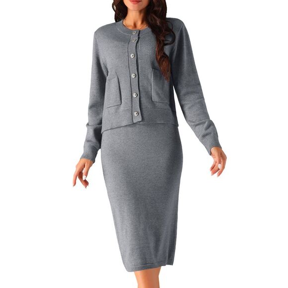 Two Piece Winter Button Down Cardigan Midi Skirts Casual Lounge Set Grey - Picture 1 of 5